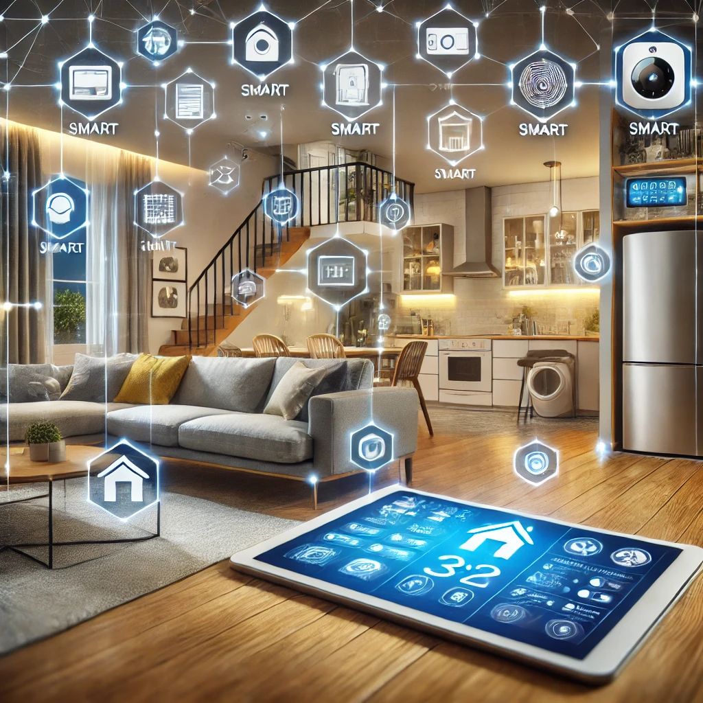 A modern smart home with various devices connected to a central control unit. The image shows a cozy living room with smart lighting, a smart thermost